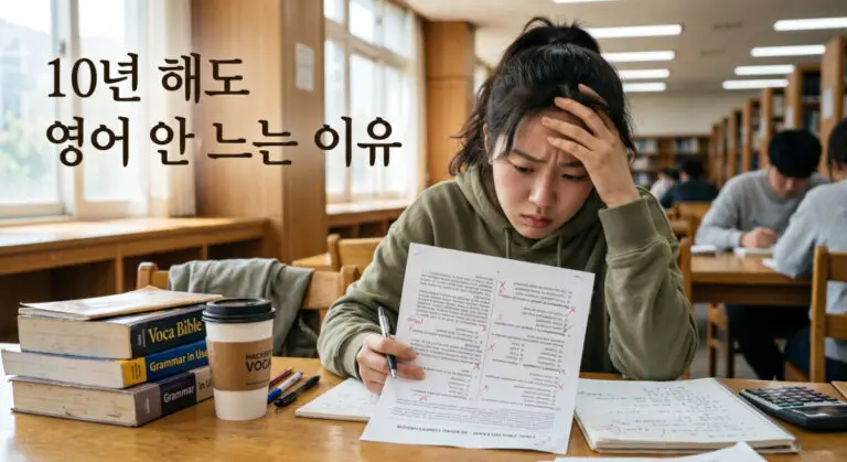 10년을 공부해도 영어실력이 늘지 않아 시험을 보면서 어려워 힘들어 하는 학생 모습