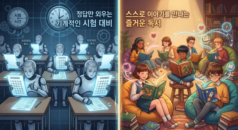 기계적인 시험 문제 풀이 공부와 스스로 원서를 읽는 즐거운 영어 독서의 비교 일러스트