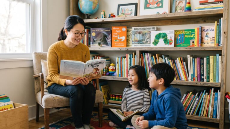미국 교사 추천 100대 아동 도서에 나오는 책들이 뒷편 책장에 있는 그래픽 이미지입니다. 아늑한 서재를 배경으로 노란색 니트를 입은 선생님이 의자에 앉아 책을 들고 있으며, 그 앞바닥에 두 명의 어린이가 앉아 경청하고 있습니다.