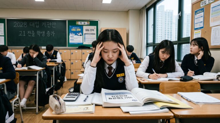 2028 대입 개편안에 따른 고교 내신 5등급제 1 고교 내신 5등급제 적용에 따른 고1 전출 학생 증가 현상과 대입 전략을 분석한 기사에 맞춘 사실적인 썸네일로써, 이미지의 중앙에는 한국 고등학생 교복을 입은 여학생이 책상 앞에서 양손으로 머리를 감싸 쥐고 깊은 고민과 스트레스에 빠져 있습니다.