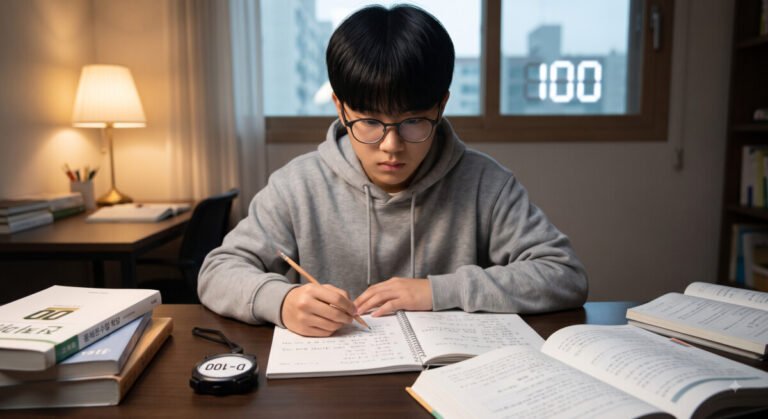 2027학년도 수능 D-100 학습 전략 수립을 위해 책상에서 집중하여 공부하는 수험생과 D-100 타이머 이미지