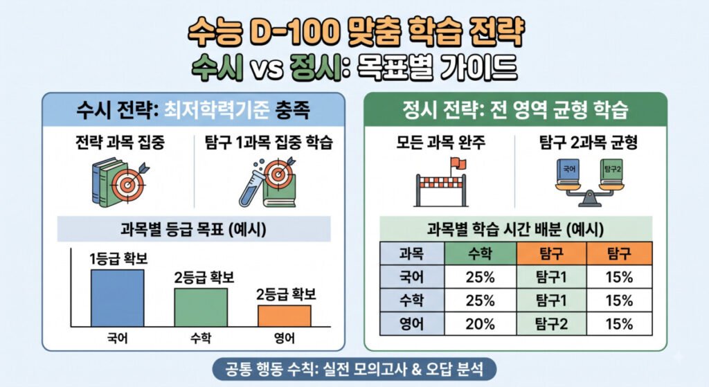 2027학년 수능 D-100 수시와 정시 학습 전략 인포그래픽: 수시 전형의 최저학력기준 충족 전략과 정시 전형의 전 영역 고른 학습 전략 비교 가이드
