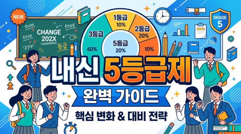 내신 5등급제 완벽 가이드라는 큰 제목과 교복을 입은 학생들의 일러스트가 그려진 블로그 썸네일 이미지입니다. 배경에는 칠판과 등급별 비율(1등급 10%, 2등급 20%, 3등급 10%, 4등급 40%, 5등급 20%)을 나타내는 원그래프가 있습니다. 하단에는 '핵심 변화 & 대비 전략'이라는 부제가 적혀 있습니다.