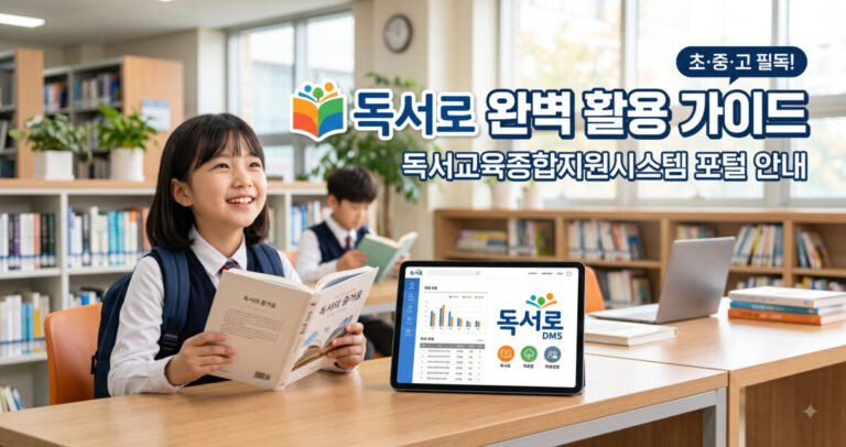도서관에서 책을 읽는 학생과 독서로 독서교육종합지원시스템 화면이 담긴 대표 썸네일 이미지