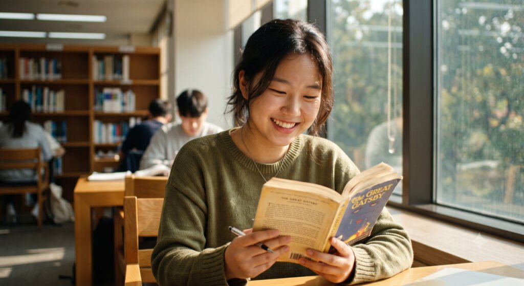영어 공부 10년을 대체 할 영어 독서를, 햇살이 비치는 도서관에서 하면서 미소 짓고 있는 학생 모습_ai이미지
