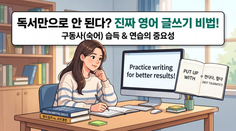 영어 글쓰기 실력, 독서만으로 늘지 않는 결정적 이유와 효과적인 라이팅 학습법 (2편: 쓰기) 3 영어 글쓰기 썸네일로, 책상 앞에 앉아 책에 글을 쓰고 있는 여성의 일러스트입니다. 여성의 뒤편으로 책장과 컴퓨터, 책 등이 보입니다.