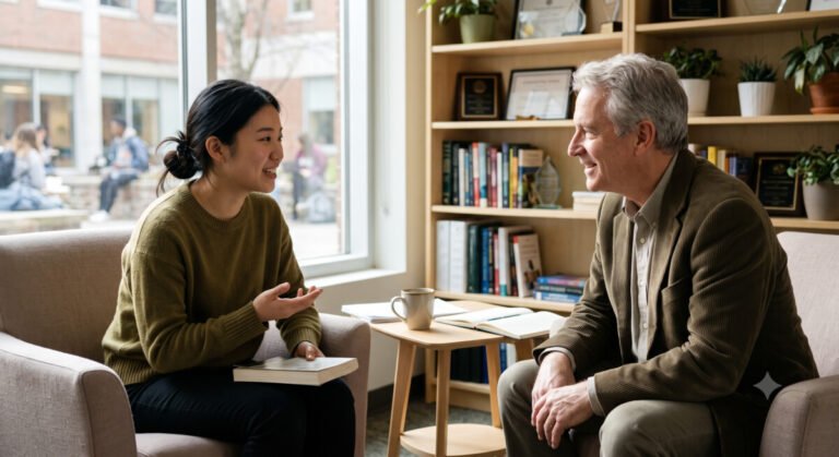 영어 도서 기반 말하기 학습법에 대한 글_동양인 학생과 서양인 교수가 자연스럽게 웃으면서 대화하고 있는 모습