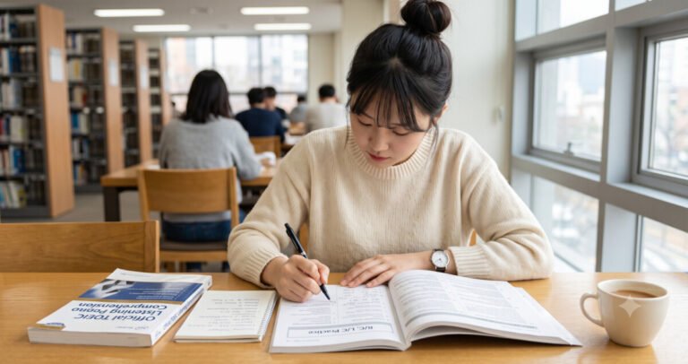 토익 시험_도서관에서 토익시험 공부를 하고 있는 여학생