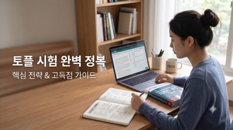 토플 시험 120점 완벽가이드_책상에 앉아 토플시험 공부를 하고 있는 학생 이미지