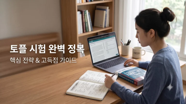 토플 시험 120점 완벽 가이드: 개정에 맞춘 영역별 고득점 비법까지 총정리 5 토플 시험 120점 완벽가이드_책상에 앉아 토플시험 공부를 하고 있는 학생 이미지