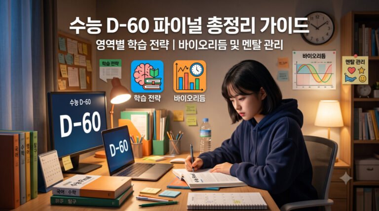 수능 D-60 파이널 총정리 가이드 글의 이미지로 여학생이 공부하고 있는 모습의 이미지