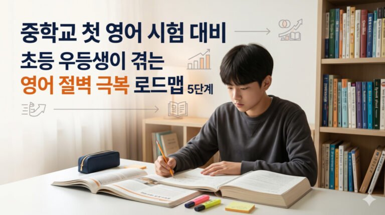 중학교 첫 영어 시험 대비에 관련한 글로 학생이 앉아서 공부하는 모습의 이미지