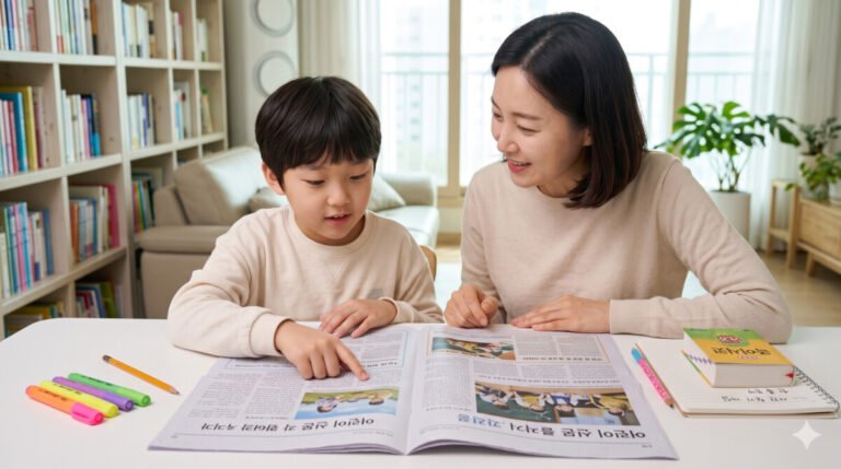 초등 문해력 10분 완성 글의 이미지로 엄마와 아이가 신문을 보면서 학습하는 이미지